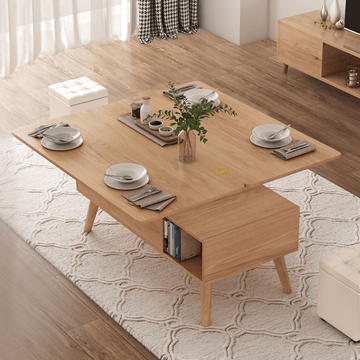 3 In 1 Modern Lift Top Coffee Table Multifunctional Coffee Table with 2 Drawers in Natural Wood Color